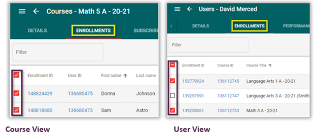 Enrollment tab Courses view left, User view right. Enrollments selected.