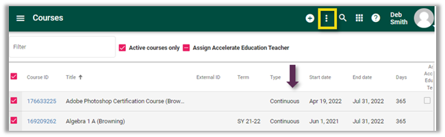 Courses view, with courses selected and ellipsis menu highlighted.