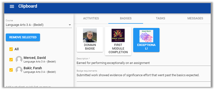 clipboard badge view with course selected
