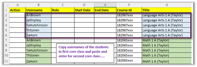 Enrollment template example of grouping enrollments by class.