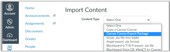 Content Type dropdown menu